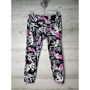 Calvin Klein Performance Leggings Womens Large Black Pink Leaf Print Gym Yoga